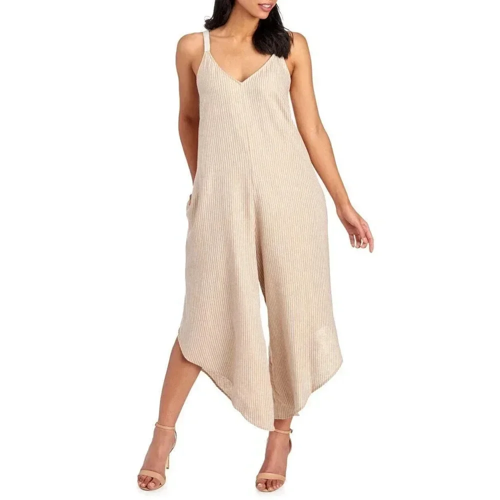 Everlily Stripe Lurex Linen Wide Leg Jumpsuit Khaki Size M - Picture 3 of 7